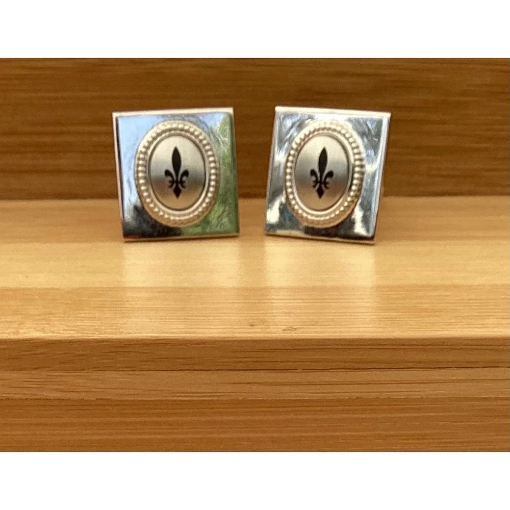 Fleur-de-Lis Cufflinks Mens OS Silver Black Square Heraldic Toggle